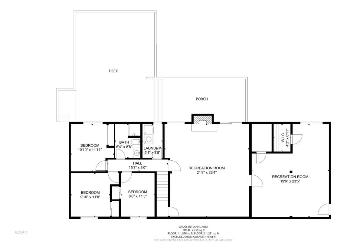 This image captures a view of the home's deck and porch, with inviting spaces for family gatherings and relaxation. While primarily interior, it visually connects to the outdoors, suggesting easy access for walks or lounging with pets after exploring nearby parks.